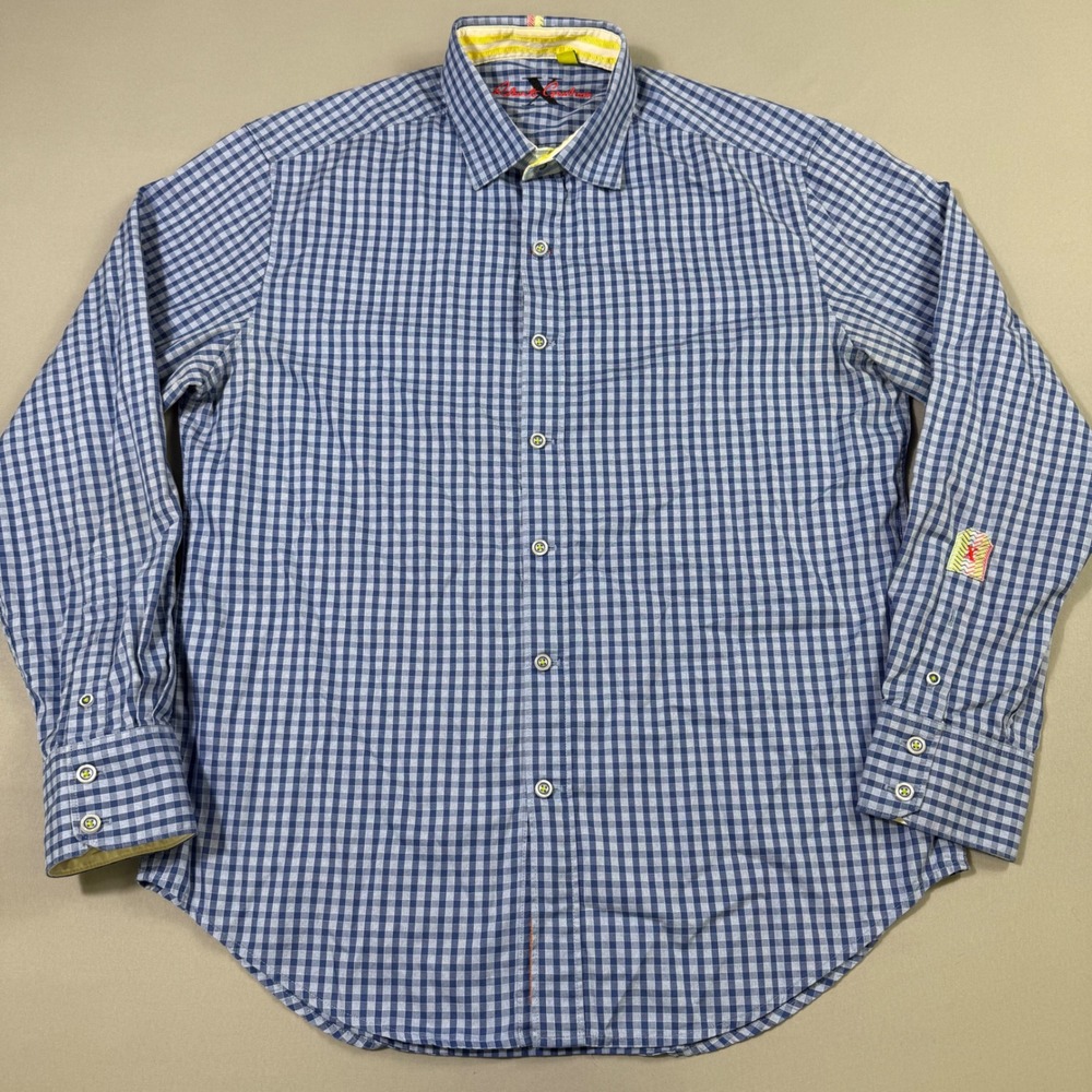 Robert Graham Shirt Mens Large Blue Gingham Check Tailored Fit Flip Cuff Preppy